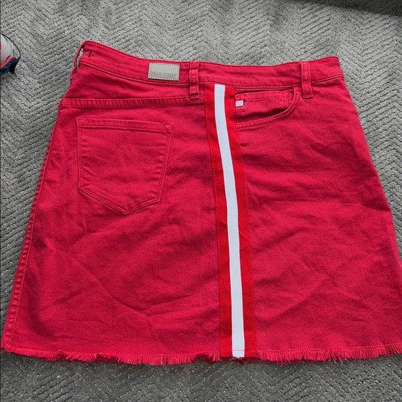 Dear John Red Denim Side Stripe Mini Skirt - Size 28 - Raw Hem & Stretch - Picture 4 of 8